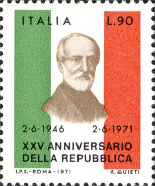 25° anniversario della repubblica - Ritratto di Giuseppe Mazzini e tricolore