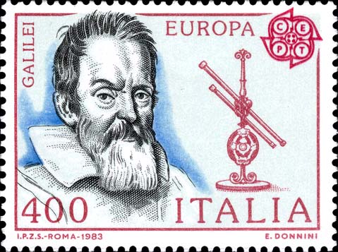 Ritratto di Galileo Galilei e telescopio