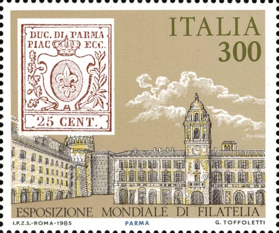 Esposizione internazionale di filatelia, a Roma - francobolli degli antichi stati italiani - Ducato di Parma, Parma, 25 c. bruno lilla