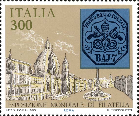 Esposizione internazionale di filatelia, a Roma - francobolli degli antichi stati italiani - Stato pontificio, Roma, 7baj azzurro