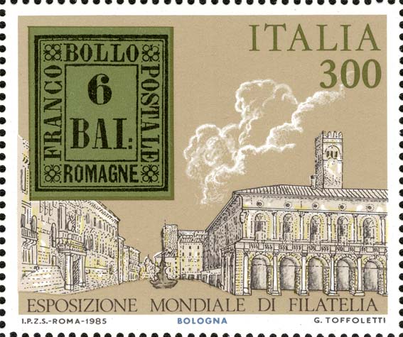 Esposizione internazionale di filatelia, a Roma - francobolli degli antichi stati italiani - Governo provvisorio delle Romagne, Bologna, 6baj verde giallo
