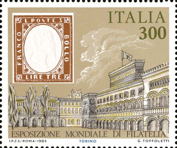 Esposizione internazionale di filatelia, a Roma - francobolli degli antichi stati italiani - Regno di Sardegna, Torino, 3 L. rame