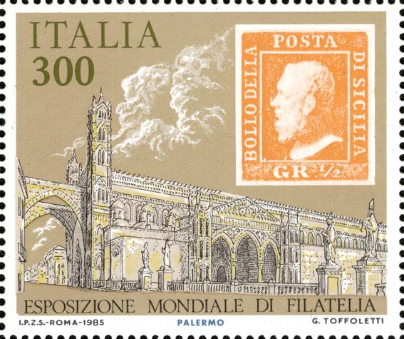 Esposizione internazionale di filatelia, a Roma - francobolli degli antichi stati italiani - Regno di Sicilia, Palermo, ½ grano arancio