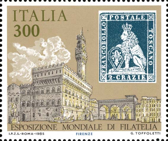 Esposizione internazionale di filatelia, a Roma - francobolli degli antichi stati italiani - Granducato di Toscana, Firenze, 2 cr azzurro