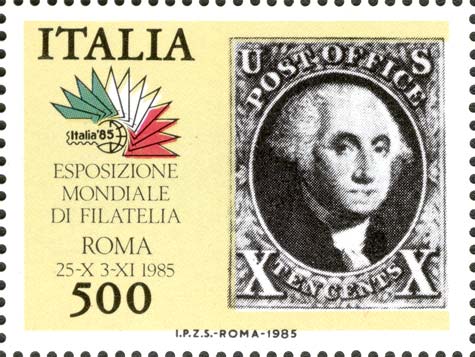 Esposizione internazionale di filatelia, a Roma - francobolli dei 5 continenti - America, francobollo da 10 c. degli Stati Uniti d´America