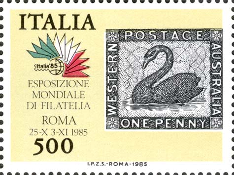 Esposizione internazionale di filatelia, a Roma - francobolli dei 5 continenti - Oceania, francobollo cigno nero d´Australia