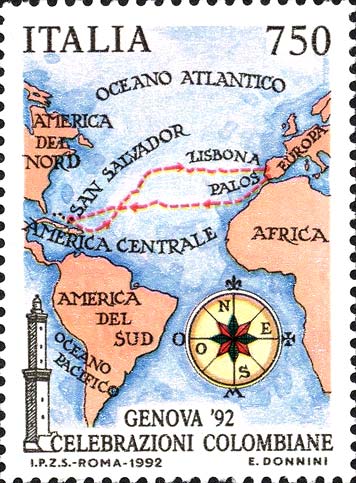 Celebrazioni colombiane - Carta geografica col tragitto del primo viaggio di Colombo