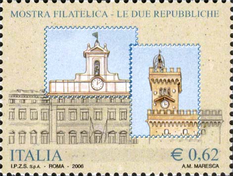 Mostra filatelica Le due repubbliche - Palazzo Montecitorio e palazzo pubblico sul monte Titano