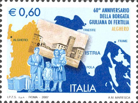 60° anniversario della borgata Giuliana di Fertilia - Sardegna, famiglia di profughi e cartolina di Fertilia