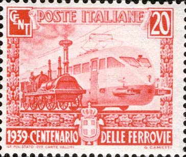 Hundertjähriges Bestehen der italienischen Eisenbahnen - Moderne Lokomotive und Lokomotive der Bahnstrecke Neapel - Portici