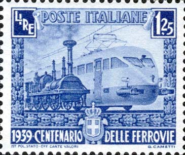 Hundertjähriges Bestehen der italienischen Eisenbahnen - Moderne Lokomotive und Lokomotive der Bahnstrecke Neapel - Portici