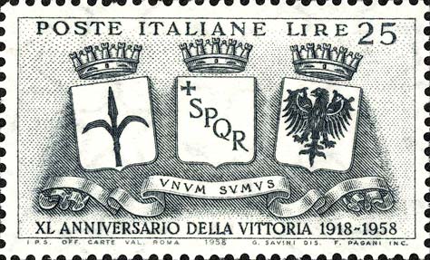 40° anniversario della vittoria nella prima guerra mondiale - Stemmi di Trieste, Roma e Trento