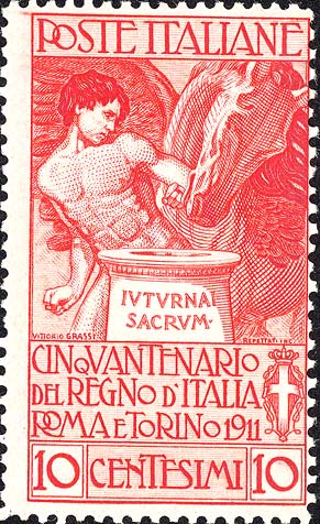 50° anniversario del regno d´Italia - Uomo che conduce un cavallo alla fonte Giuturna