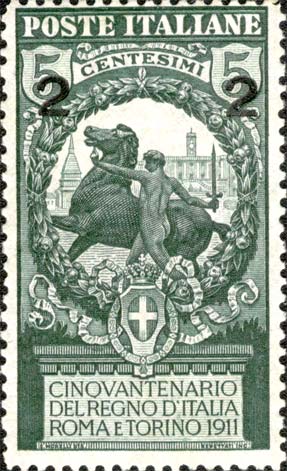 50. Jahrestag des Königreichs Italien, mit Aufdruck - Bewaffneter Ritter, im Hintergrund die Mole Antonelliana und der Kapitolshügel.