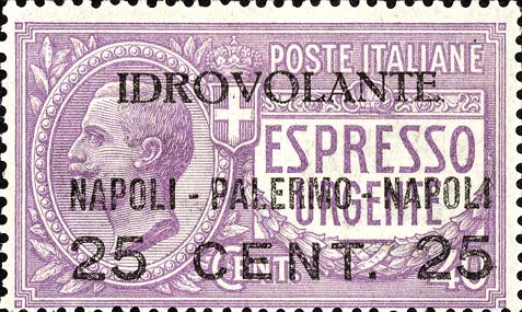 Espresso urgente sovrastampato IDROVOLANTE NAPOLI - PALERMO - NAPOLI - Effigie di Vittorio Emanuele III entro un ovale