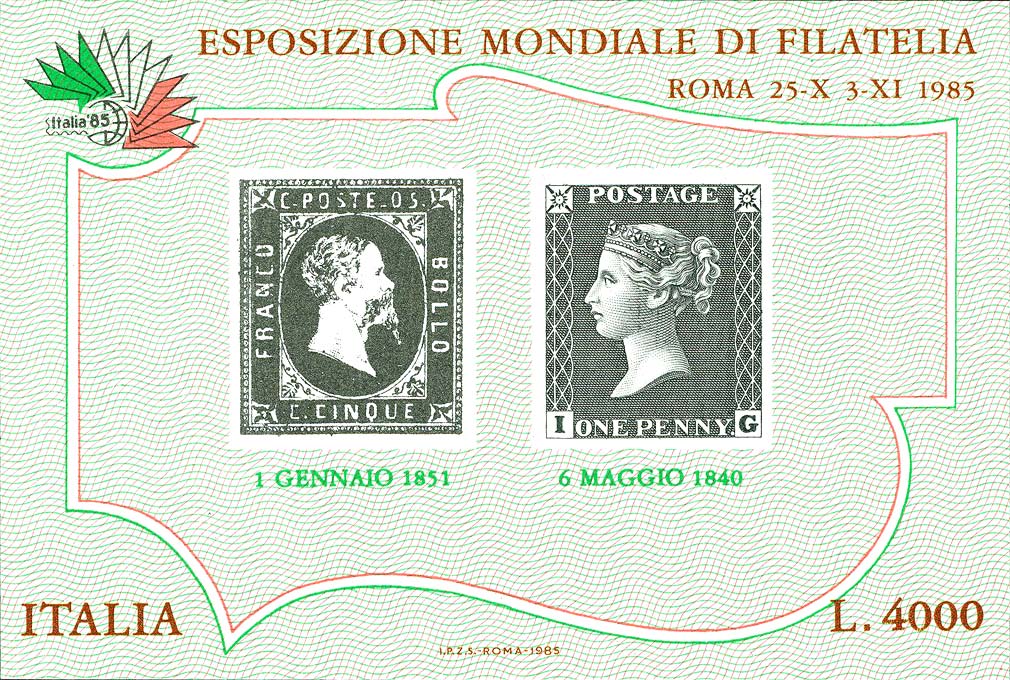 Esposizione internazionale di filatelia, a Roma - primo francobollo italiano e primo francobollo inglese