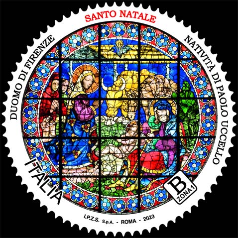 Weihnachten - Buntglasfenster mit der Darstellung der Geburt Christi, ein Werk von Paolo Uccello