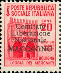 Serie monumenti distrutti sovrastampata Comitato Liberazione Nazionale MACCGNO - Loggia dei mercanti, a Bologna