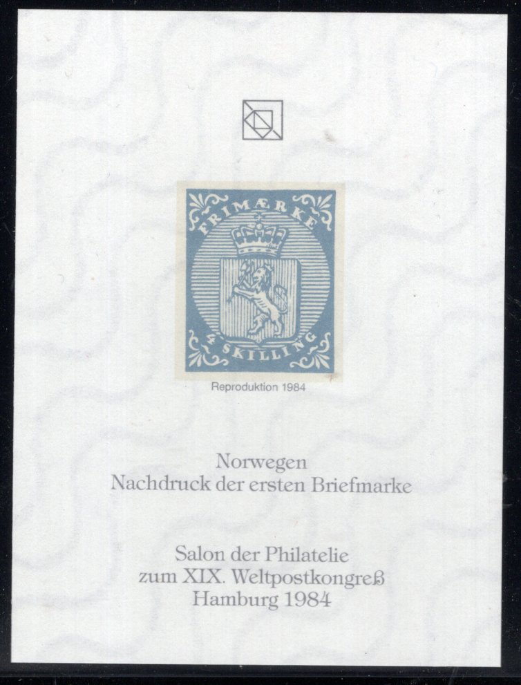 Norwegen - Nachdruck der ersten Briefmarke - Reproduktion 1984 - Salon der Philatelie zum XIX Weltpostkongreß Hamburg 1984