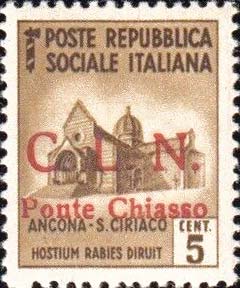 Serie monumenti distrutti sovrastampata C.L.N. Ponte Chiasso - Chiesa di san Ciriaco, ad Ancona