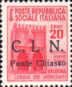 Serie monumenti distrutti sovrastampata C.L.N. Ponte Chiasso - Loggia dei mercanti, a Bologna