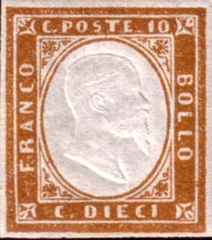 Maggio 1855 - Quarta emissione - 10 c. - Effigie di Vittorio Emanuele II volta a destra