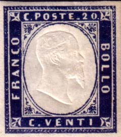 Maggio 1855 - Quarta emissione - 20 c. - Effigie di Vittorio Emanuele II volta a destra