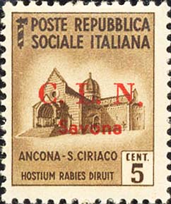 Serie monumenti distrutti sovrastampata C.L.N. Savona - Chiesa di san Ciriaco, ad Ancona