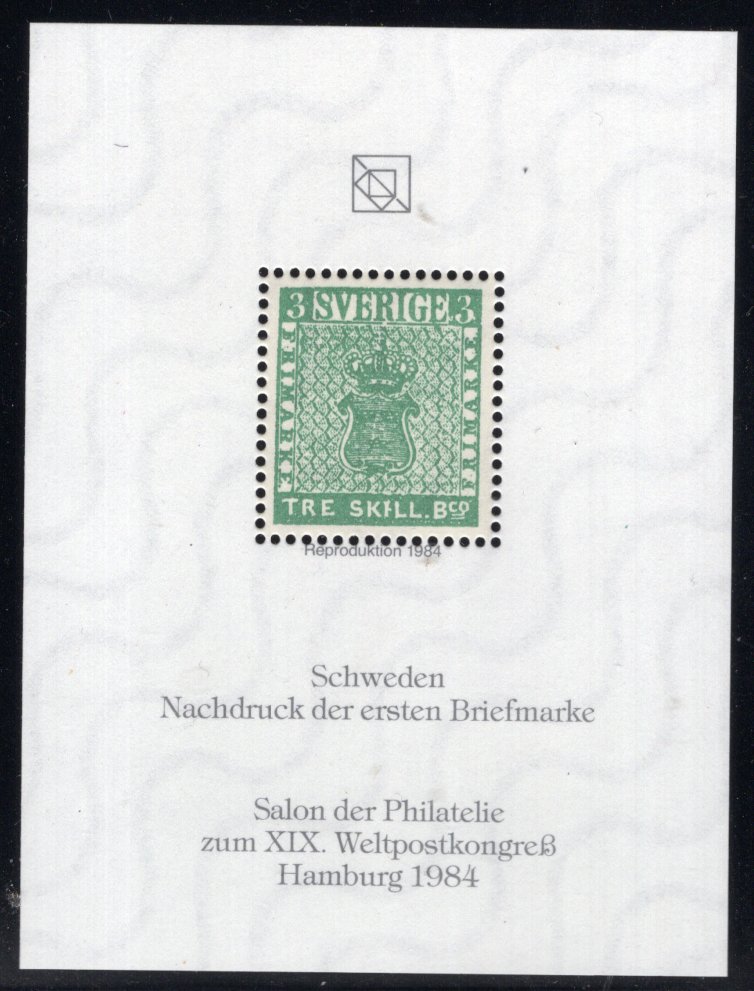 Schweden - Nachdruck der ersten Briefmarke - Reproduktion 1984 - Salon der Philatelie zum XIX Weltpostkongreß Hamburg 1984