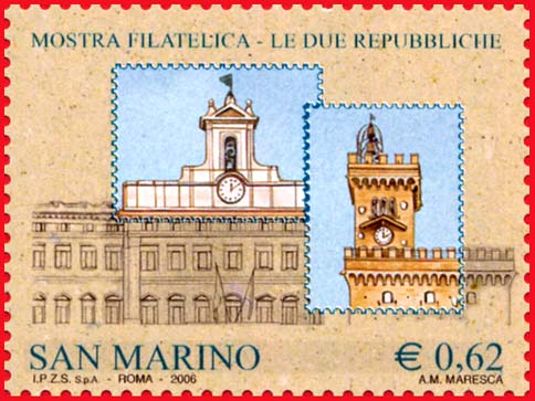 Mostra filatelica Le due repubbliche - Palazzo Montecitorio e palazzo pubblico sul monte Titano