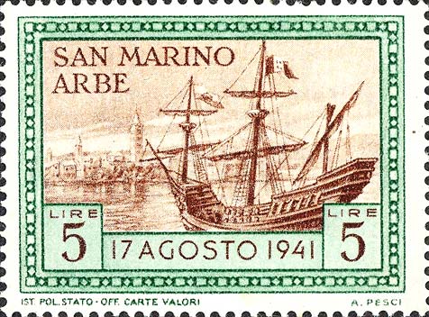 Rückgabe der Fahne an die Insel Rab - Segelschiff mit Fahne im Hafen von Rab