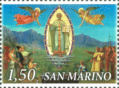 Emissione congiunta San Marino e Giappone - L´apparizione di San Marino al suo popolo, affresco di E.Retrosi