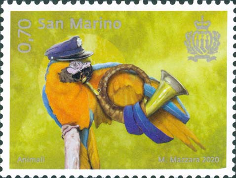 Animali - Pappagallo che suona un corno postale