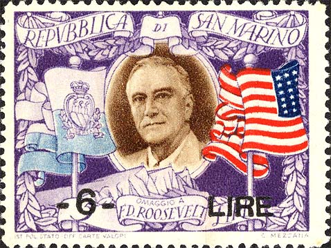 Roosevelt, überdruckt - Porträt von Roosevelt und Flaggen von San Marino und den Vereinigten Staaten von Amerika