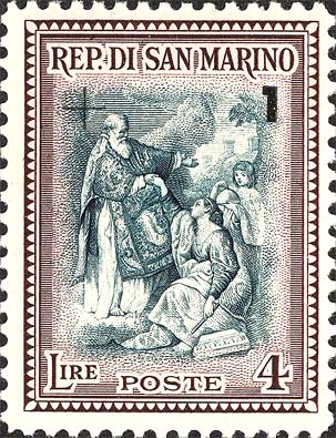 Rekonstruktion, überdruckt - San Marino erhebt die Republik, Werk von P. Batoni