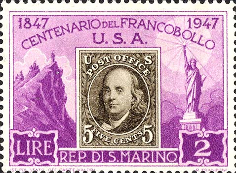 Hundertjähriges Jubiläum der ersten US - Briefmarke - Erste US - Briefmarke, Berg Titano und Freiheitsstatue