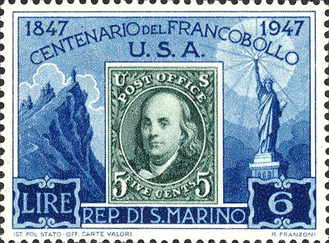 Hundertjähriges Jubiläum der ersten US - Briefmarke - Erste US - Briefmarke, Berg Titano und Freiheitsstatue
