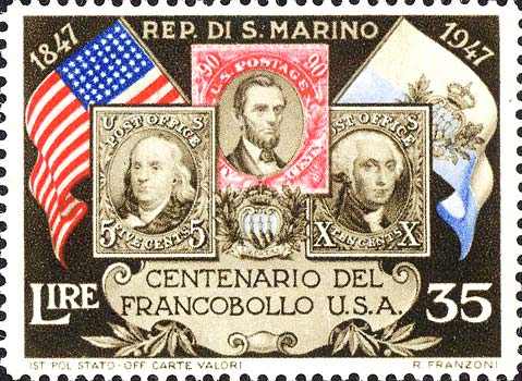 Hundertjähriges Jubiläum der ersten US - Briefmarke - US - Briefmarken und Flaggen