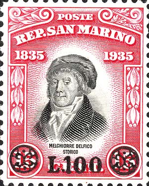 Hundertjähriges Jubiläum des Todes von Melchiorre Delfico, überdruckt - Porträt von Melchiorre Delfico