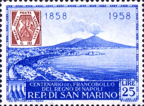 Hundertjähriges Jubiläum der Briefmarken des Königreichs Neapel - Blick auf Neapel und den Vesuv