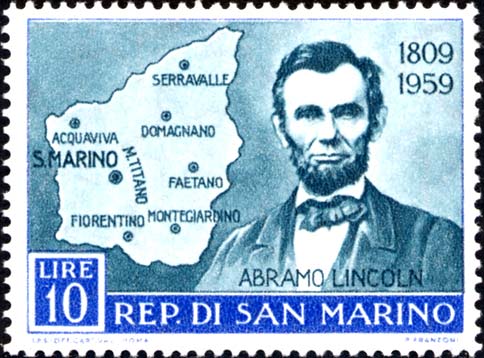 150. Jahrestag der Geburt von Abraham Lincoln - Porträt von Abraham Lincoln und Karte von San Marino