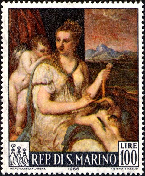 Tiziano Vecellio - Venus verbindet Amor die Augen