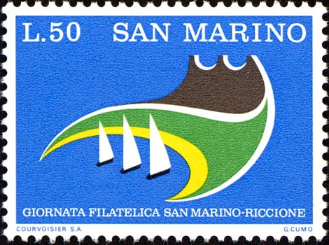 Giornata filatelica - Veduta di San Marino e Riccione stilizzata