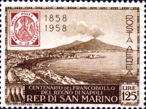 Hundertjähriges Jubiläum der Briefmarken des Königreichs Neapel - Blick auf Neapel und den Vesuv