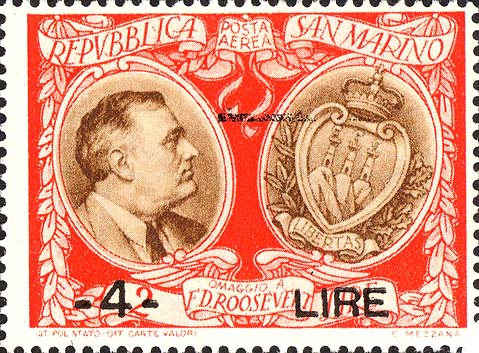 Roosevelt, überdruckt - Porträt von Roosevelt und Wappen von San Marino