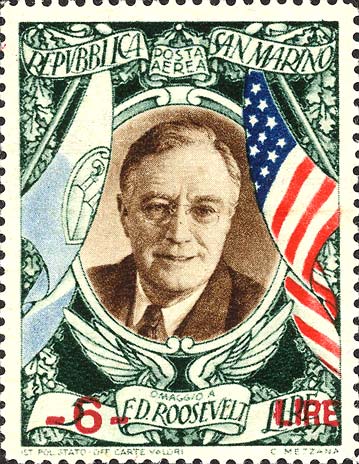 Roosevelt, überdruckt - Porträt von Roosevelt und Flaggen von San Marino und den Vereinigten Staaten von Amerika