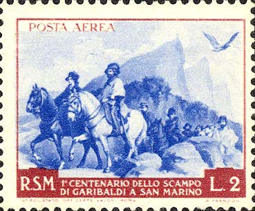 Hundertjähriges Jubiläum von Garibaldis Rückzug nach San Marino - Giuseppe und Anita Garibaldi zu Pferd in der Nähe von San Marino