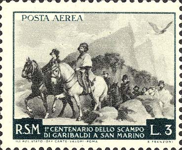 Hundertjähriges Jubiläum von Garibaldis Rückzug nach San Marino - Giuseppe und Anita Garibaldi zu Pferd in der Nähe von San Marino