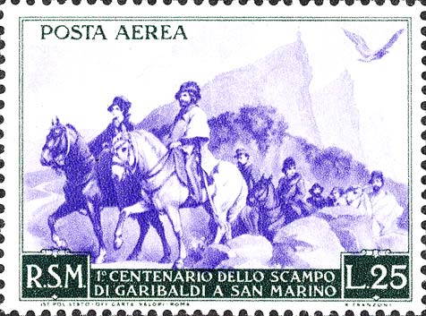 Hundertjähriges Jubiläum von Garibaldis Rückzug nach San Marino - Giuseppe und Anita Garibaldi zu Pferd in der Nähe von San Marino