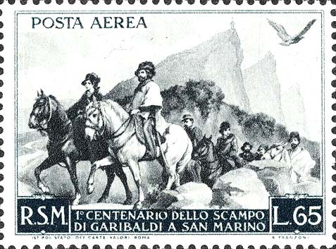 Hundertjähriges Jubiläum von Garibaldis Rückzug nach San Marino - Giuseppe und Anita Garibaldi zu Pferd in der Nähe von San Marino